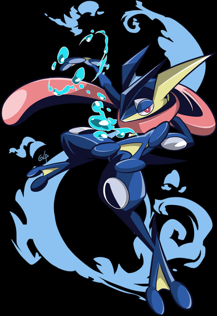 Greninja 水遁手里劍藝術圖 壁紙 — 一隻動感十足的動漫風格鯉魚龍在純黑背景上穿過旋轉的藍色水花跳躍。