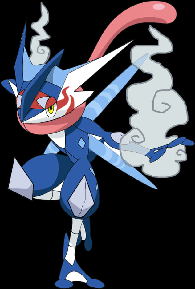 Greninja 寶可夢角色藝術圖 壁紙 — 一隻充滿動感的藍白動畫風格寶可夢，戴著紅色圍巾，身後有旋轉的煙霧軌跡，站在黑色背景前。