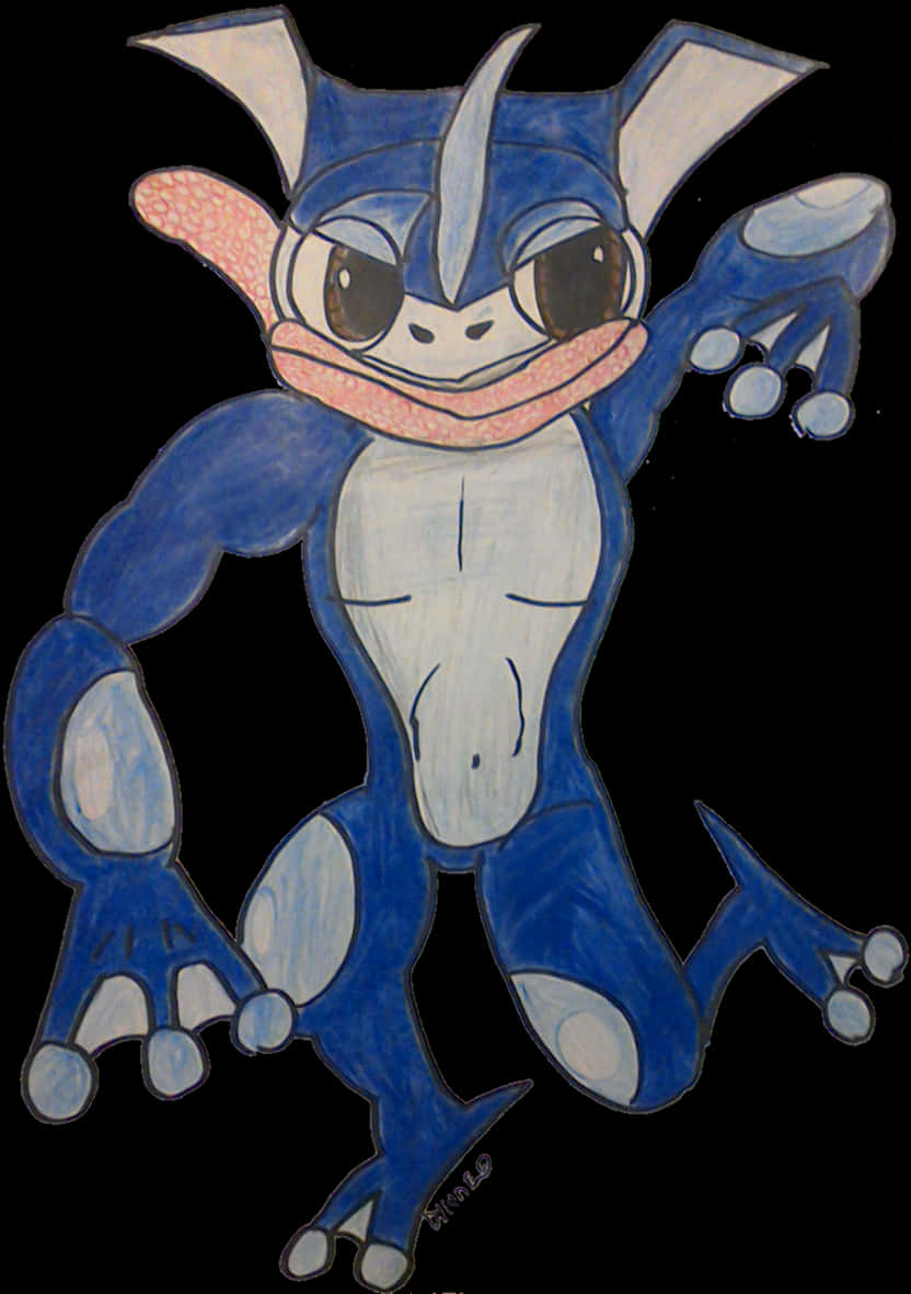 手繪 Greninja 藝術作品 壁紙 — 一個藍白色卡通青蛙狀生物，有大眼睛和粉紅色嘴巴，在黑色背景前擺出動態姿勢。