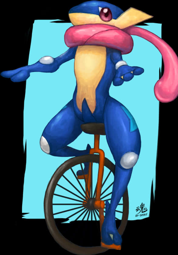 Greninja 騎單車藝術 壁紙 — 一隻藍黃色動漫風格嘅寵物小精靈喺青色背景上踩單輪車，背景有黑色鋸齒邊。