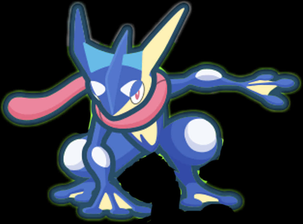 Greninja 寵物小精靈角色藝術 壁紙 — 一隻風格化的藍黃色寶可夢，戴著粉紅色圍巾和白色斑點，在黑色背景上動態站立。