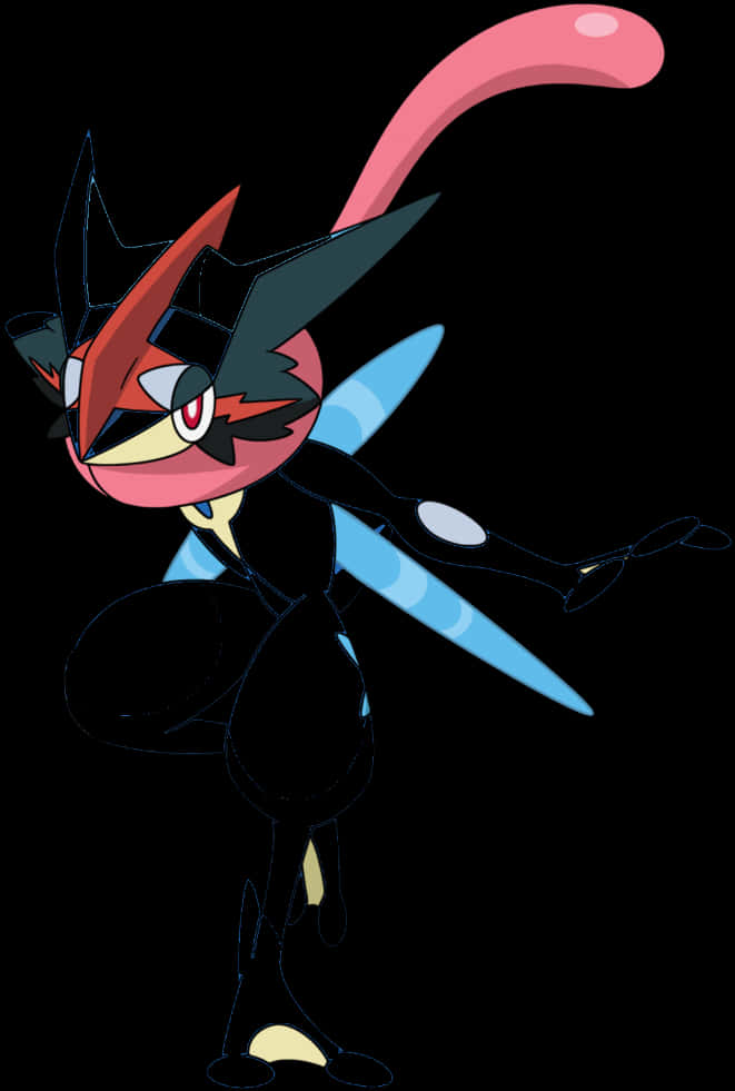 Greninja 寶可夢角色 壁紙 — 一個風格化的動畫寶可夢，帶有紅色、黑色和藍色標記，在黑色背景上擺出動態姿勢。