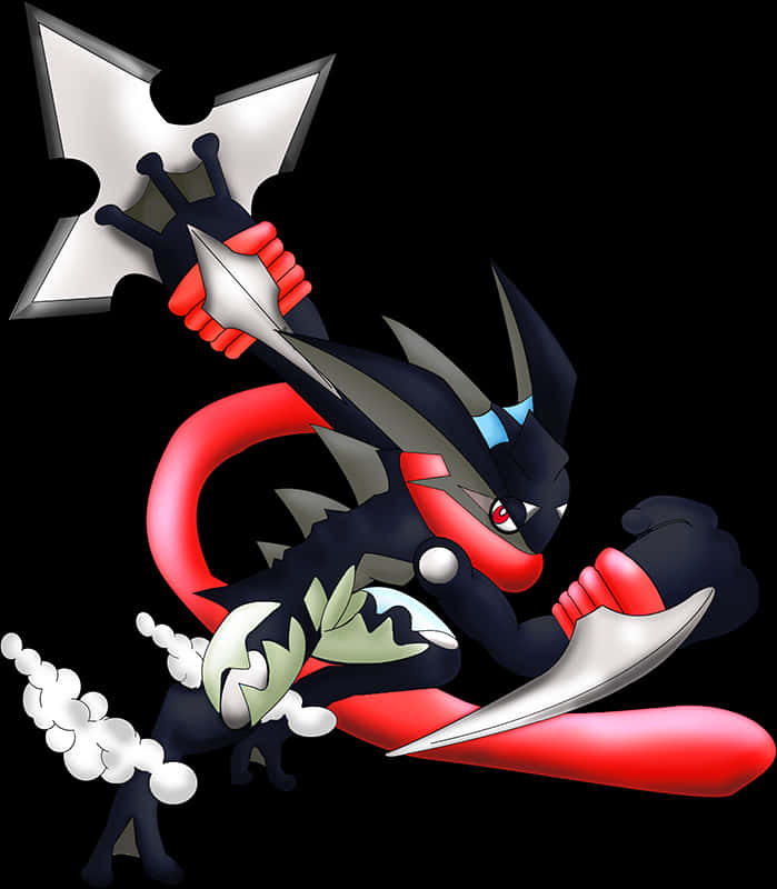 Greninja 持水手里劍與劍 壁紙 — 一隻動態動漫風格嘅寵物小精靈，身穿黑色、紅色同銀色盔甲，喺純黑色背景前揮舞住一把大型星形刀刃。