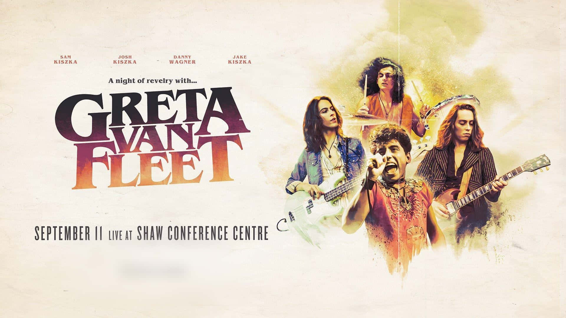 Greta Van Fleet 樂隊海報，四位音樂家以火熱的顏色演奏樂器。
