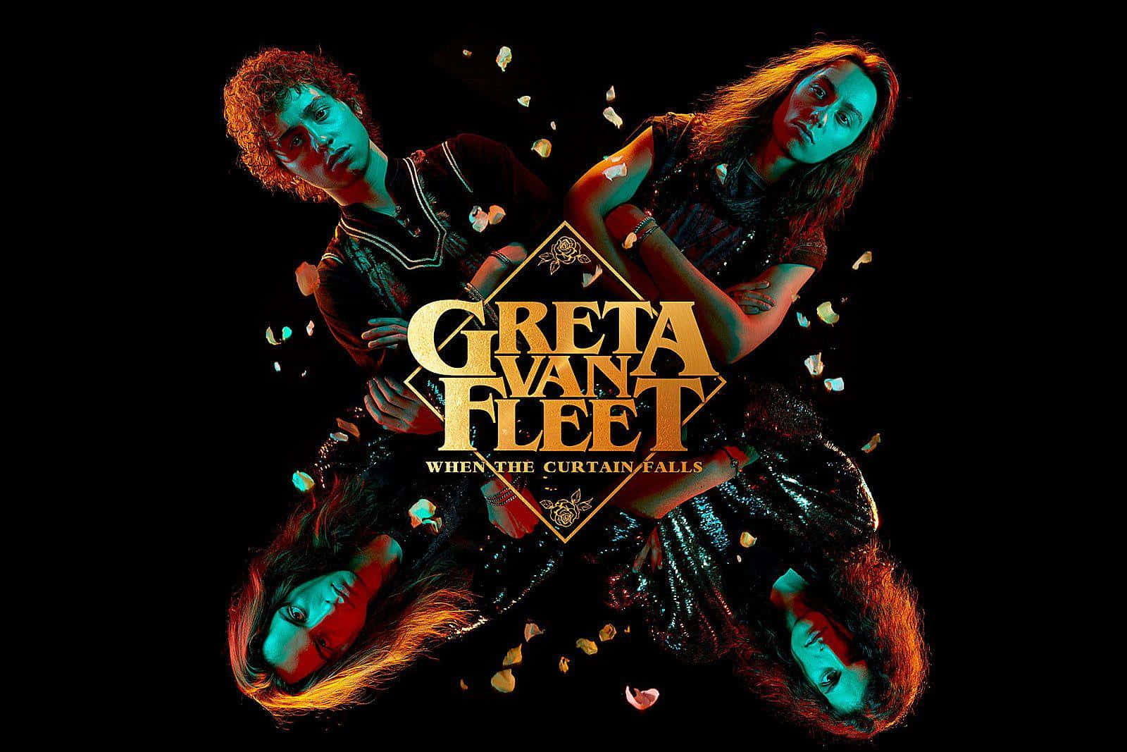 Greta Van Fleet 專輯封面，包含樂隊成員和破碎玻璃效果。