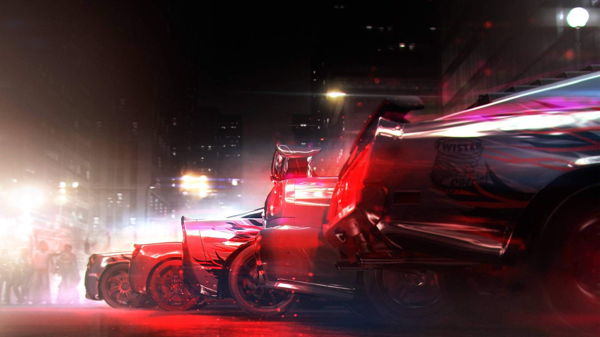 Grid 2 紅色賽車 壁紙 — 兩輛定制汽車在夜間霓虹燈照亮的城市街道上漂移，帶有發光的紅色反射和模糊的運動。