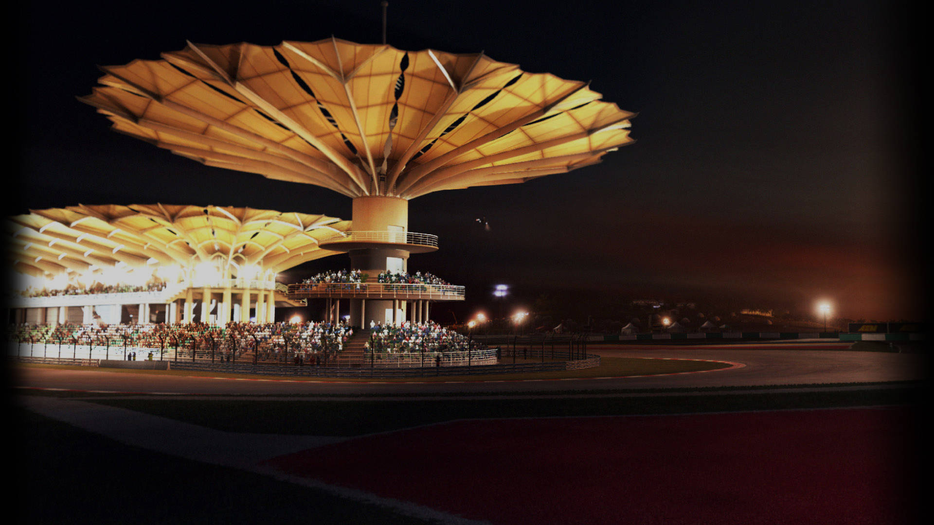 Grid Autosport 夜間賽車 壁紙 — 一個巨大的照明體育場，擁有巨大的金色傘狀屋頂，在夜晚發光，人群聚集在下方。
