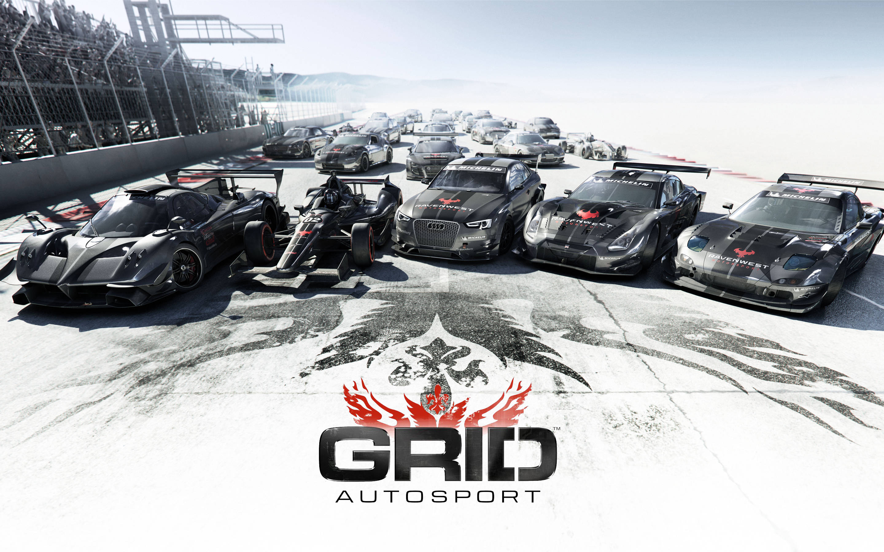 Grid Autosport 賽車 壁紙 — 一排高性能賽車在陽光明媚的賽道上，設有看台和GRID Autosport標誌。