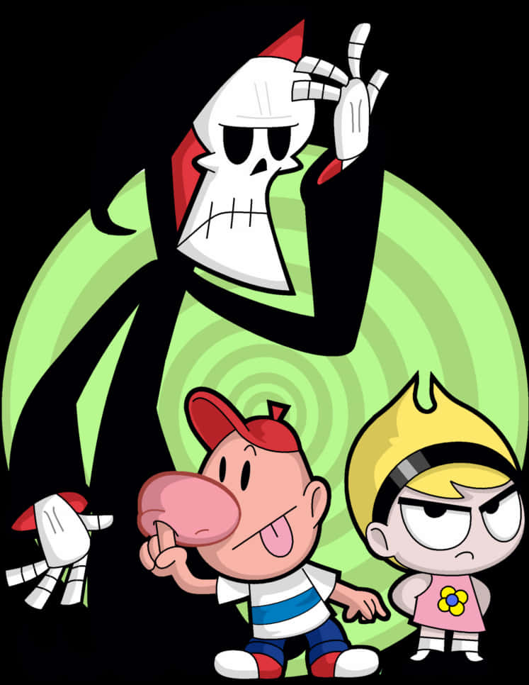 卡通頻道《Grim Adventures》角色 壁紙 — 一個帶有紅色點綴和綠色漩渦的卡通骷髏籠罩著兩個孩子，一個伸出舌頭，另一個皺著眉頭。