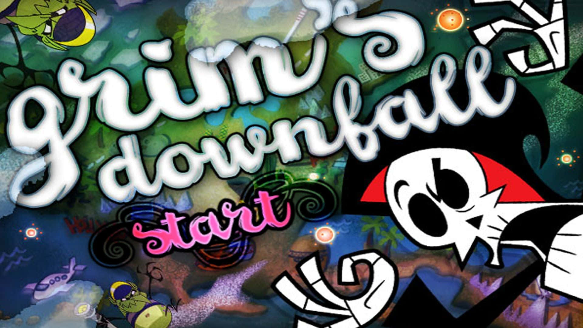 the grim adventures of billy and mandy 桌布 壁紙 — 《Grim Downfall》嘅生動卡通遊戲標題畫面，有一個骷髏角色同色彩繽紛嘅水下生物。