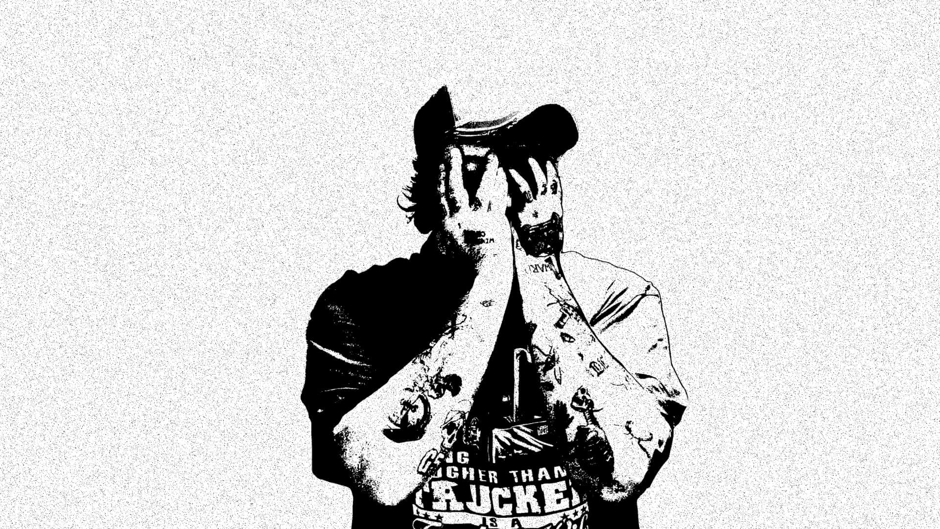  壁紙 — 一幅粗糙的黑白插圖，描繪一名紋身男子戴著帽子，用手遮住臉。
