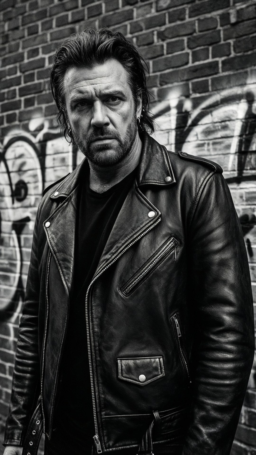Tough Leather Look 壁紙 — 一個粗獷的黑白肖像，一個穿著皮褸的粗獷男人站在佈滿塗鴉的磚牆前。