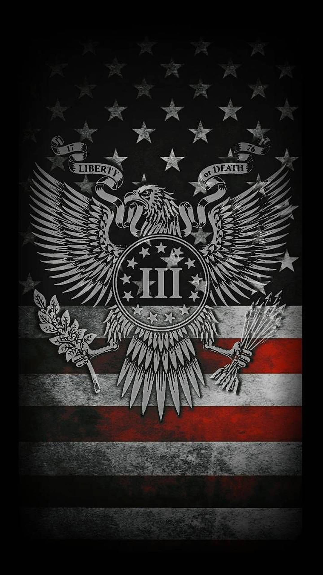 美國國旗，帶有鷹徽章，手持月桂和箭，附有「Liberty or Death」橫幅。