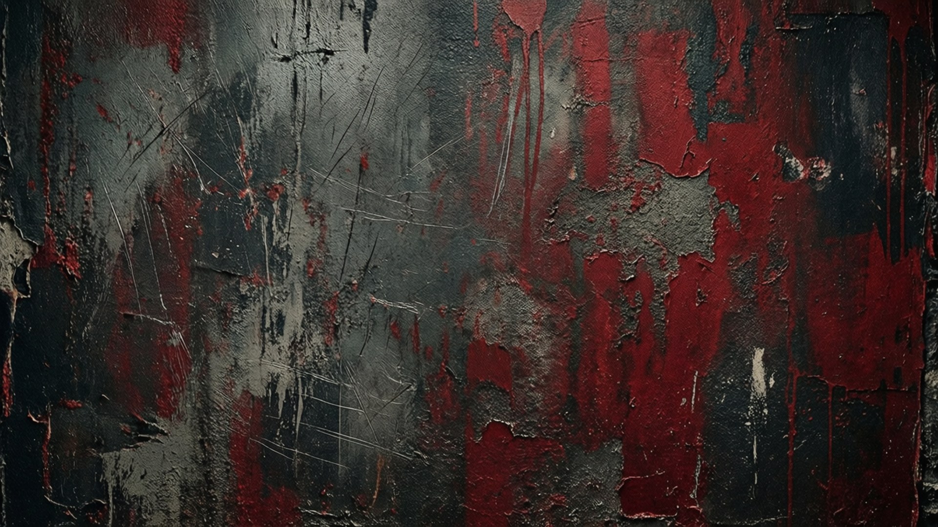 Grunge Texture 壁紙 — 粗糙紋理牆壁，紅色和灰色油漆剝落，露出下方粗糙的混凝土。