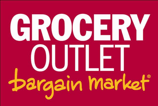 Grocery Outlet 優惠市場標誌 壁紙 — 粗體白色和黃色文字在純紅色背景上以乾淨現代字體顯示「GROCERY OUTLET bargain market」。