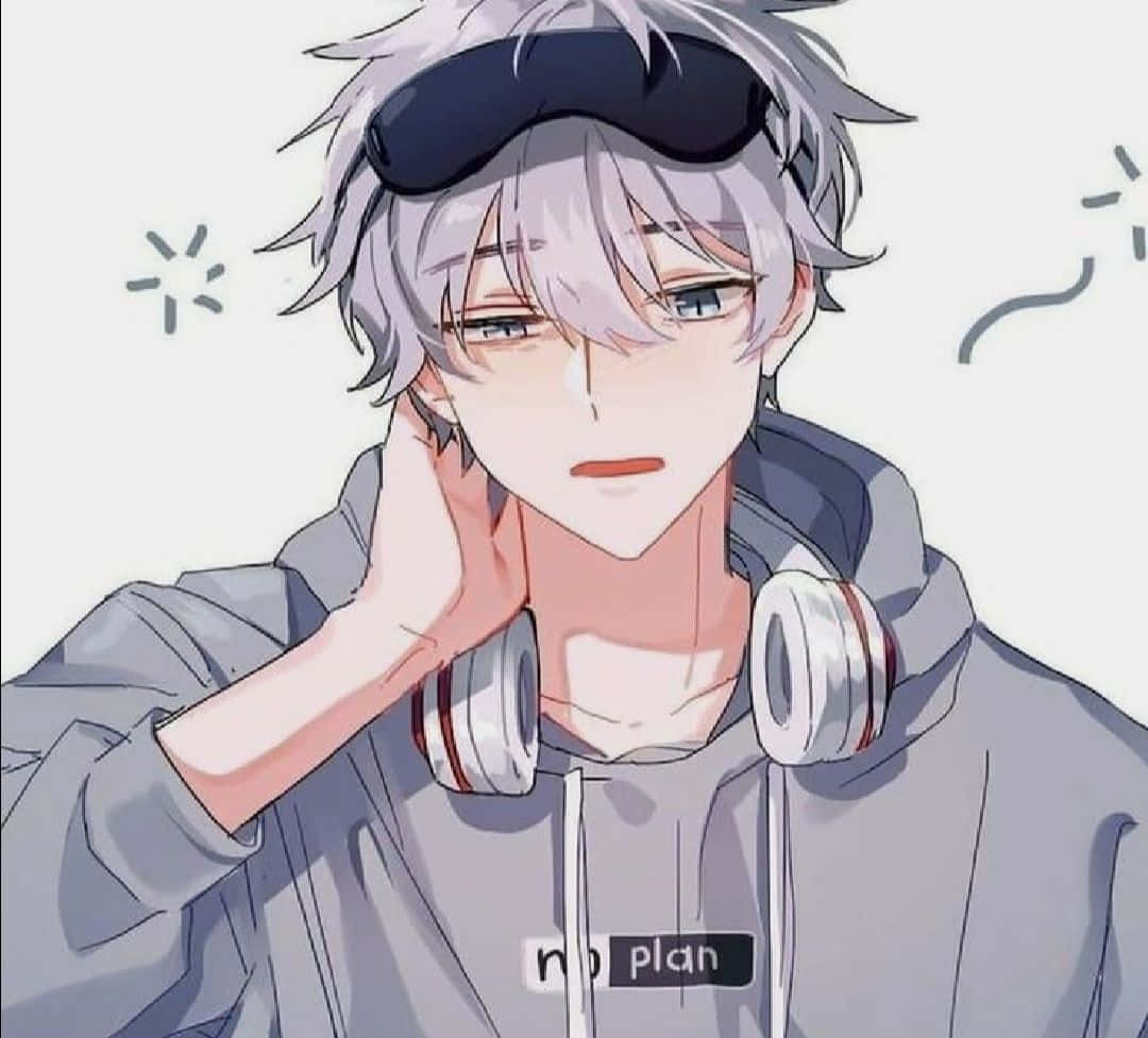 銀髮戴護目鏡的動漫男孩手托臉頰。