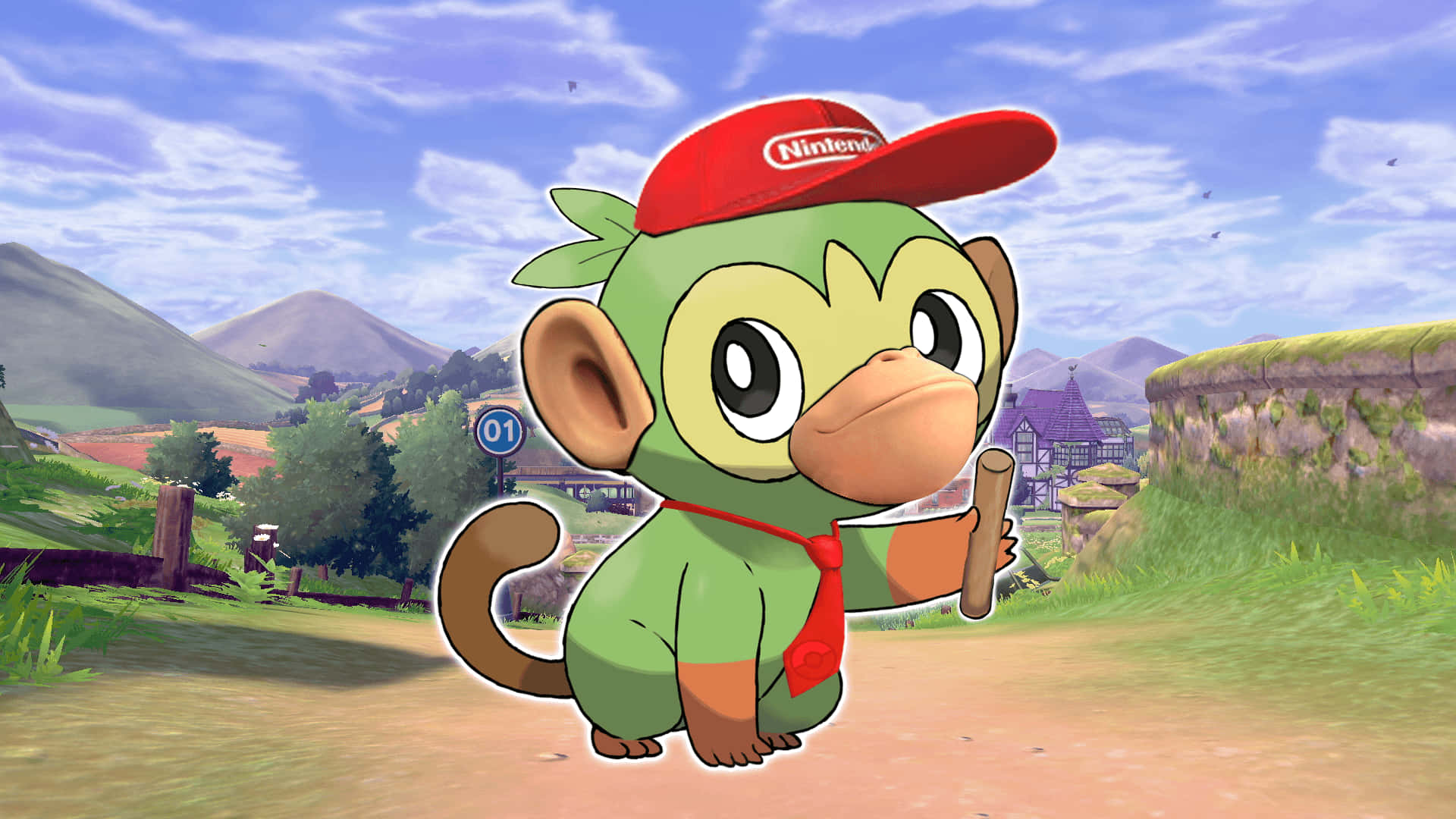 Grookey 戴任天堂帽子 壁紙 — 一隻戴著紅色任天堂帽子和領帶的快樂綠色猴子，站在明亮鄉村環境的泥土路上。