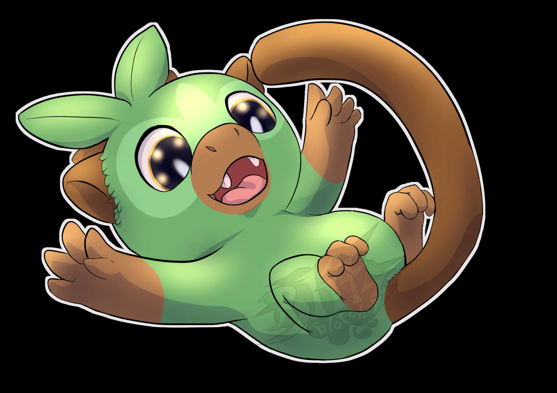 Grookey嬉戲姿勢 壁紙 — 一隻可愛的綠色卡通狐猴，有著大眼睛和長長的棕色尾巴，在黑色背景上頑皮地微笑。