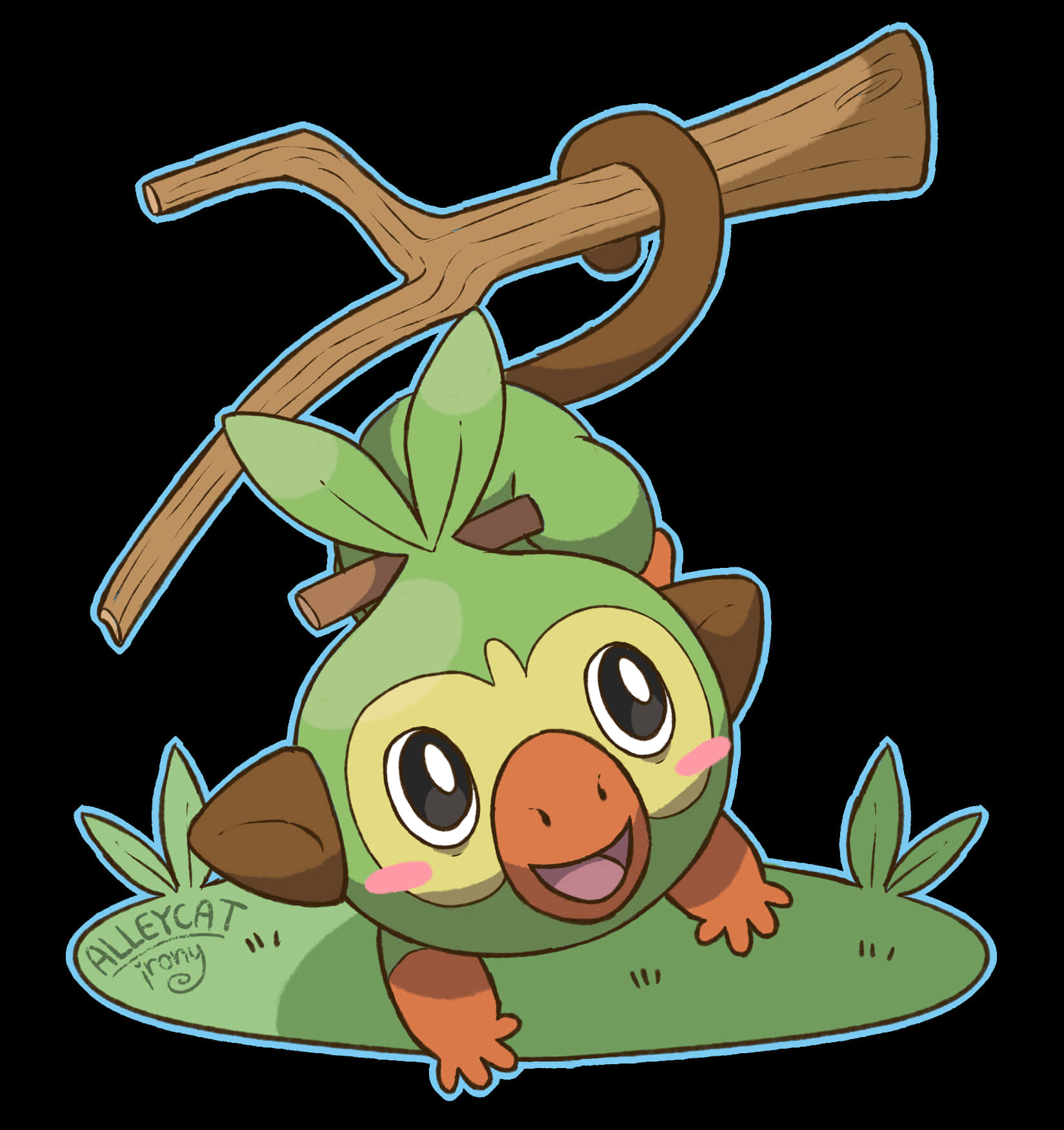 一隻可愛的卡通敲音猴掛在樹枝上，戴著樹葉帽子和露出大大的笑容。