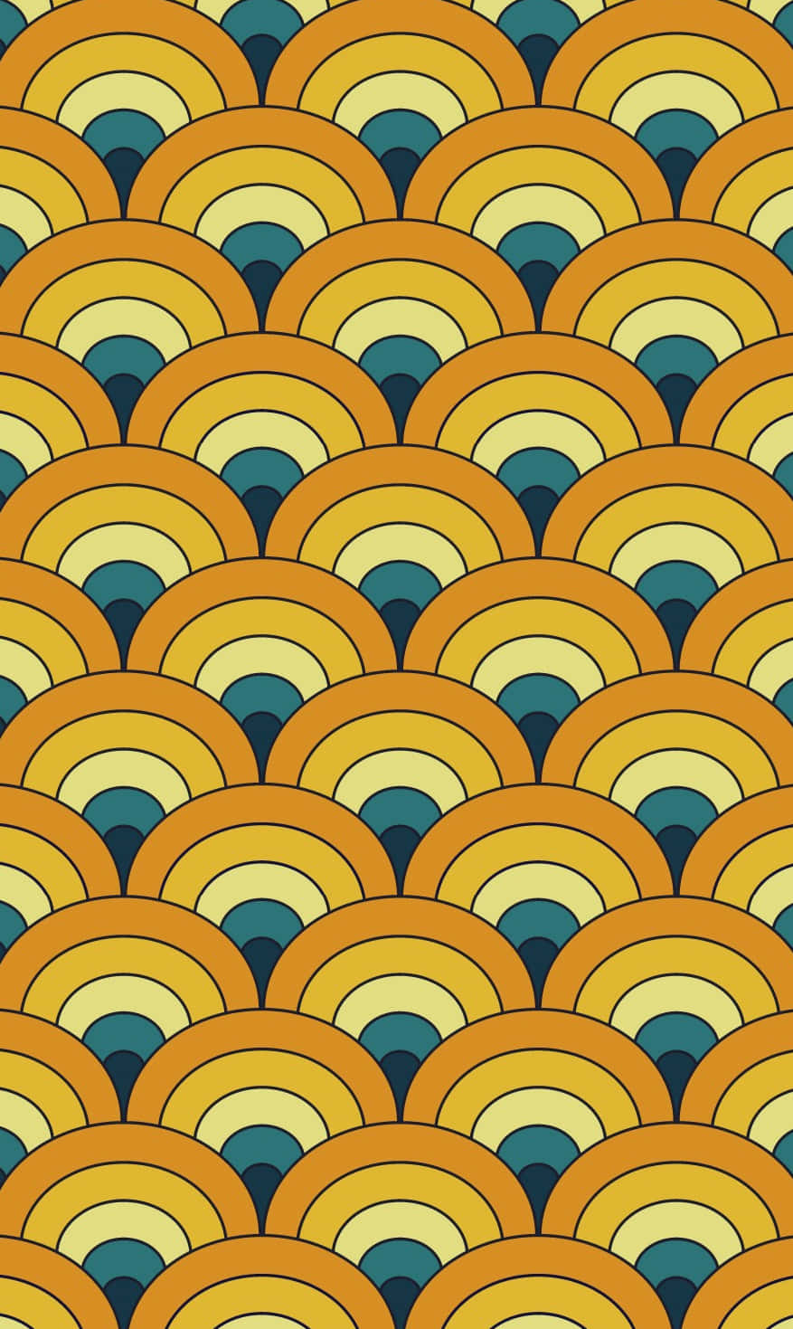 Groovy 吉他 壁紙 — 充滿活力的復古圖案，由橙色、黃色和藍綠色的重疊扇形弧線組成，營造出大膽的幾何牆紙設計。