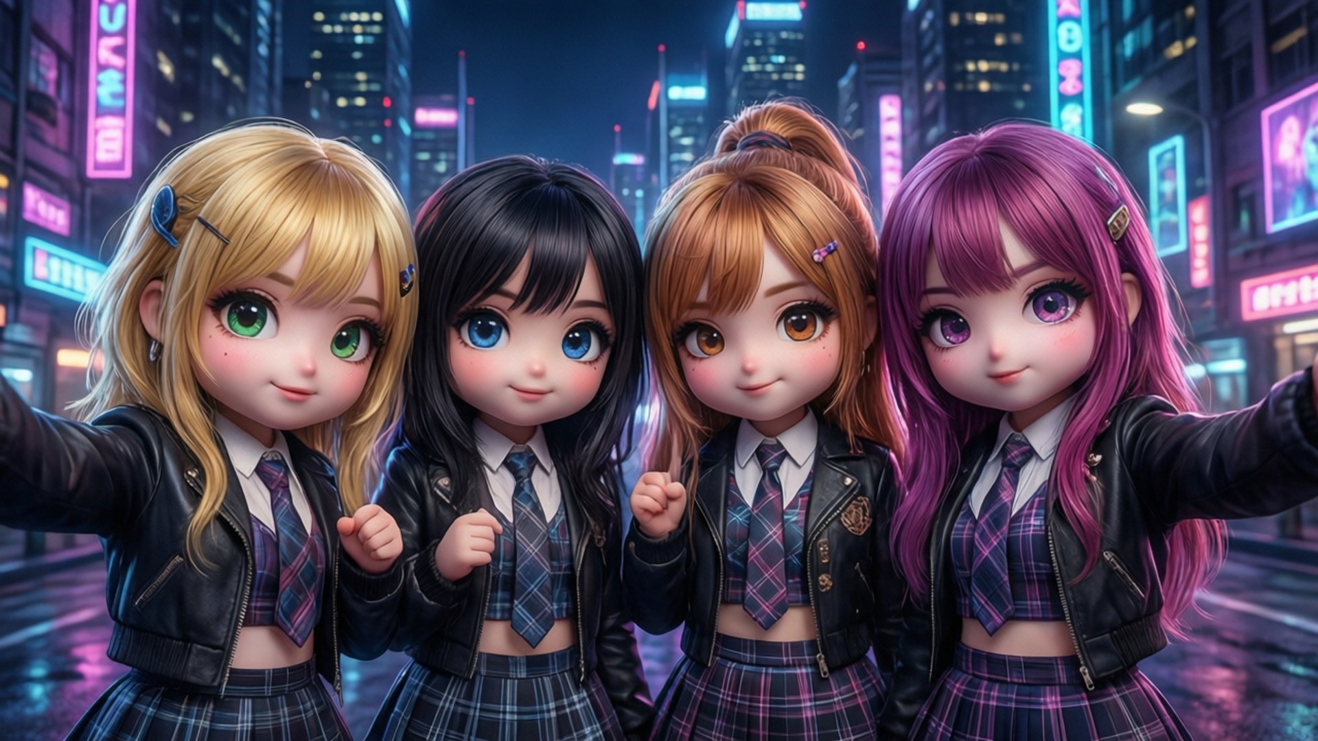 四個動漫女孩穿著校服在雨夜的霓虹城市街道上自拍。