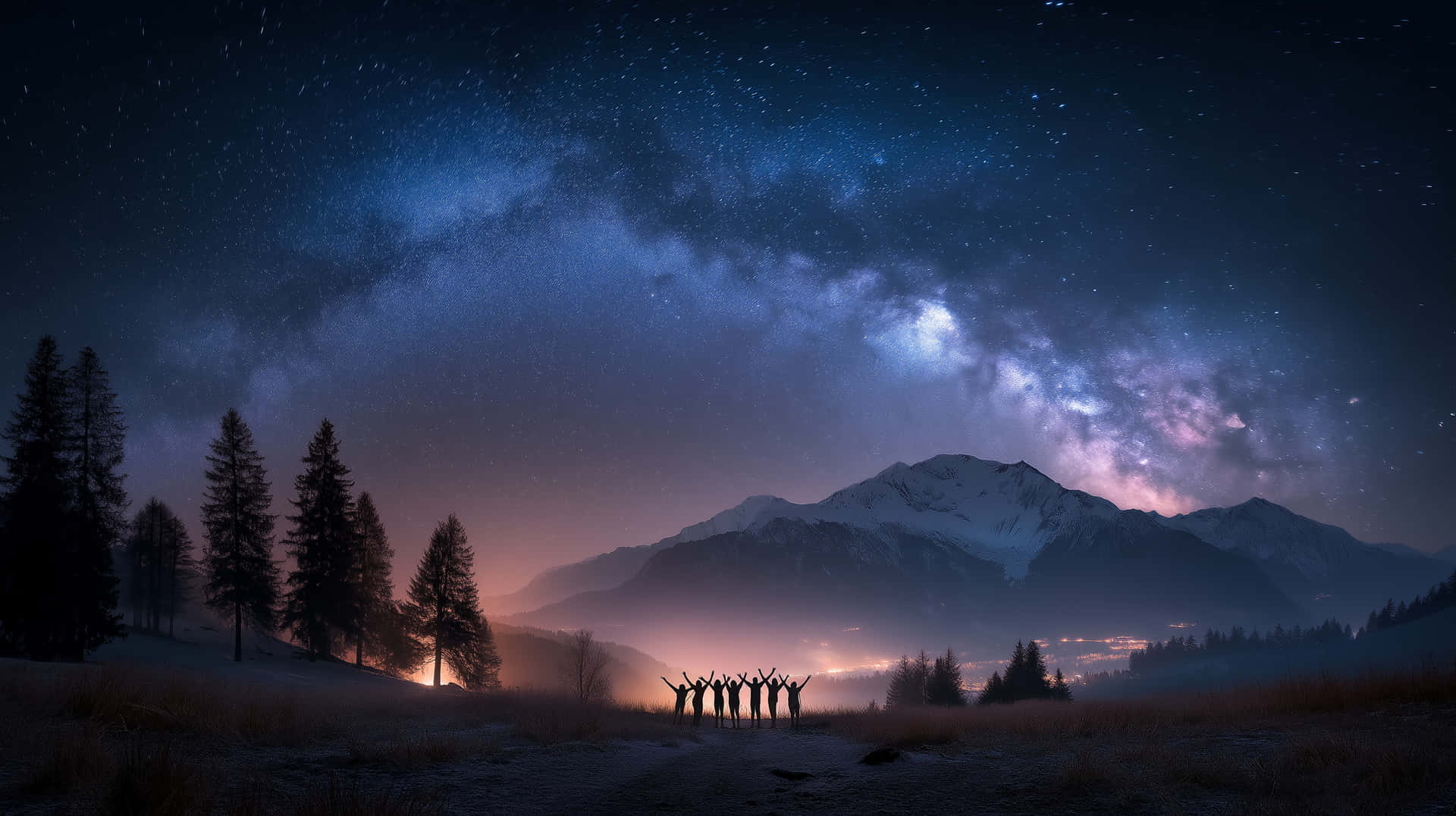 一群人在星空下舉起雙臂，背景是積雪的山峰和松樹。