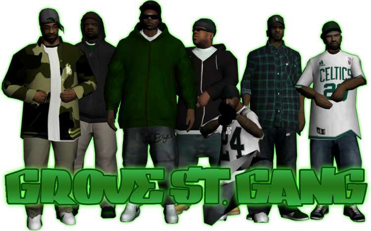 Grove Street幫派插畫 壁紙 — 七個風格化的男性角色穿著都市街頭服飾，站在黑色背景前，帶有發光的綠色輪廓和粗體文字「GROVE ST GANG」。