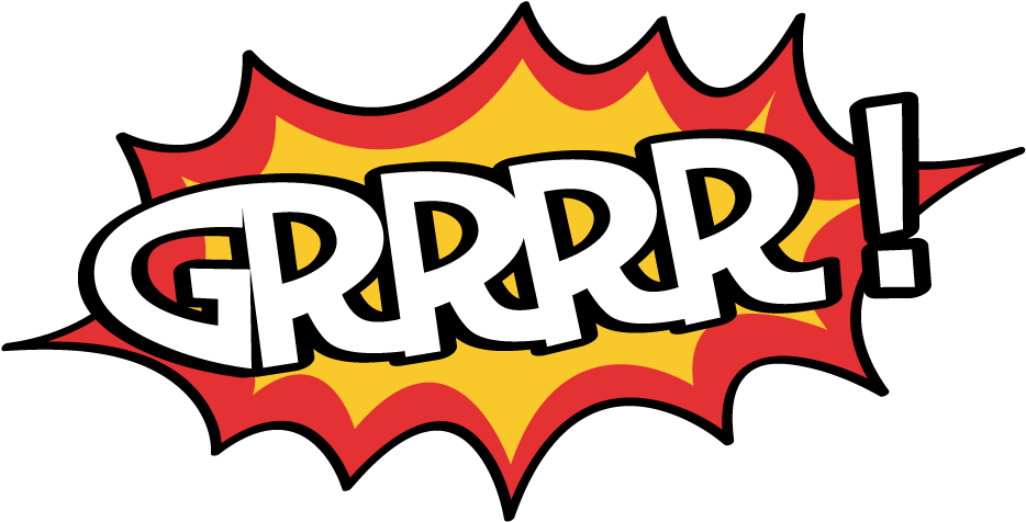 漫畫風格GRRR表情 壁紙 — 粗體白色文字「GRRRR！」從紅色和黃色的漫畫風格爆炸中爆發出來，背景為黑色。