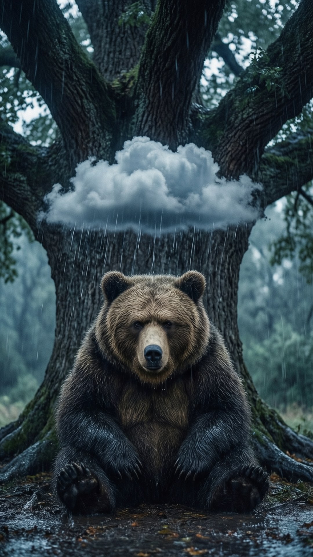 一隻棕熊坐在樹下，雨水從上方的雲中落下在森林中。