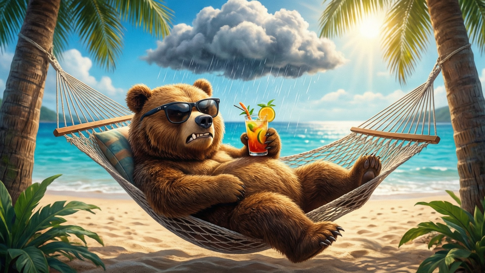 Grumpy 的海灘假期 壁紙 — 一隻戴著太陽眼鏡的酷熊在吊床上啜飲熱帶飲品，而暴風雲在陽光明媚的海灘上下雨。