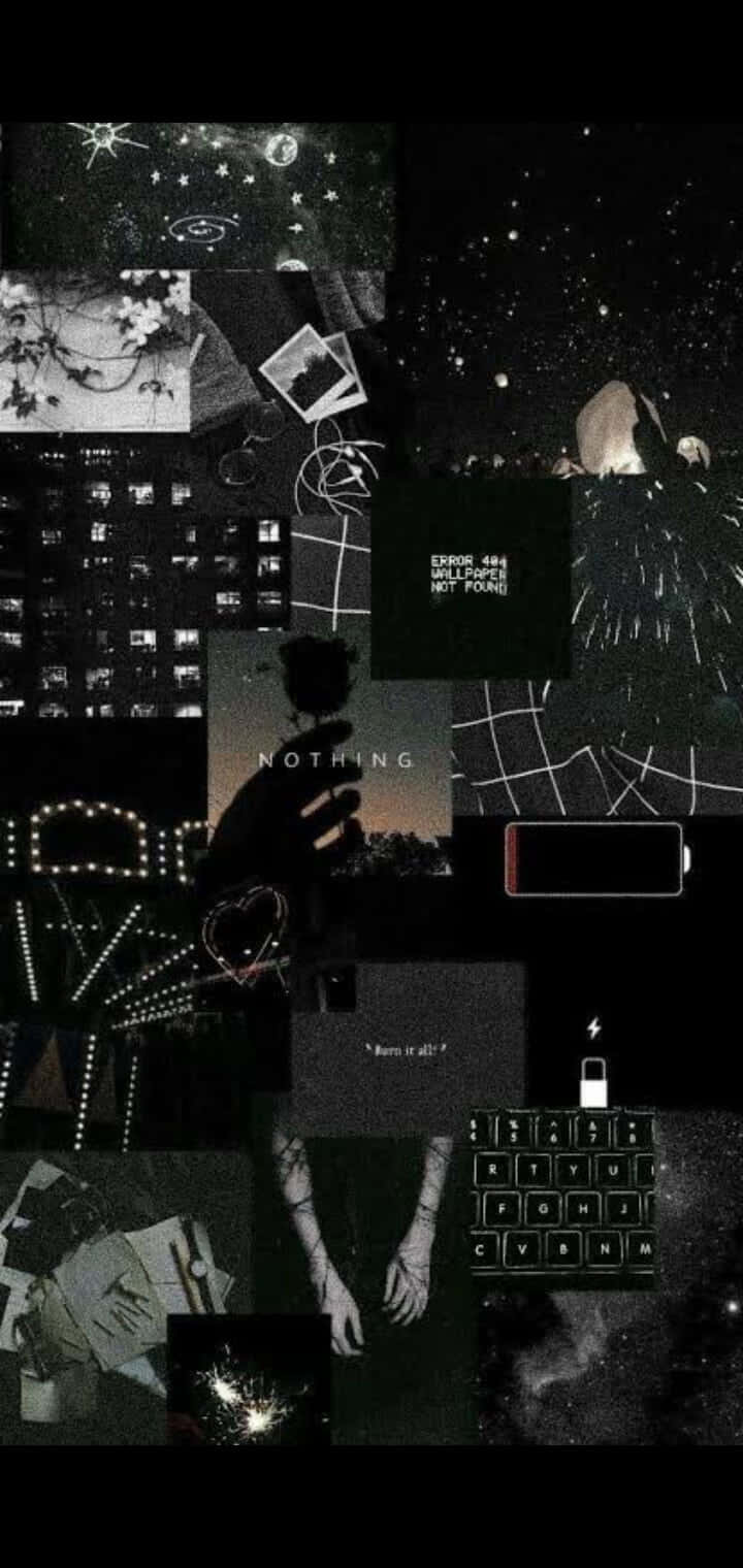 帶有星星和文字的數碼和模擬碎片暗色拼貼畫。
