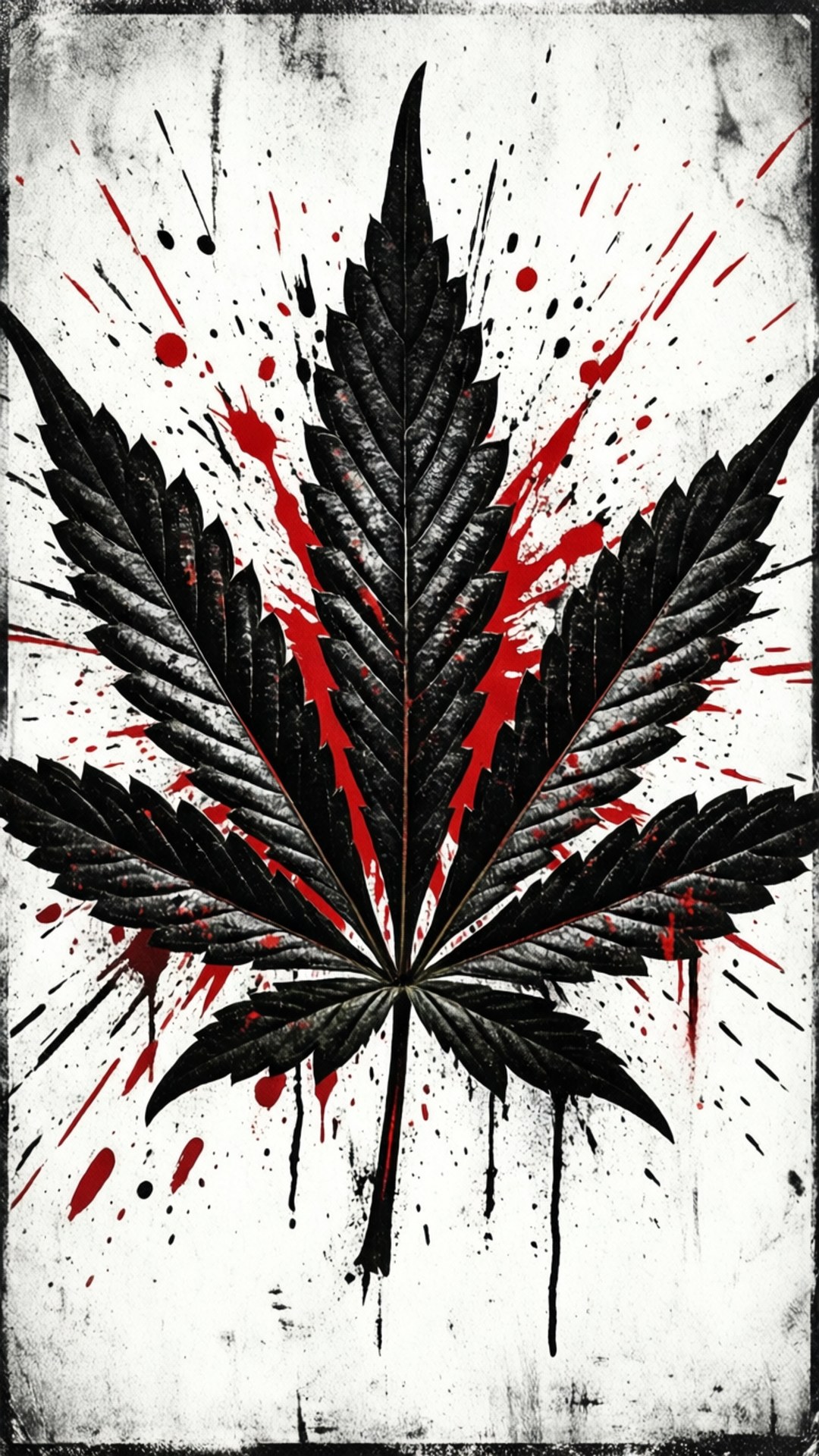 Grunge風格大麻藝術 壁紙 — 一片鮮明的黑色大麻葉，在風化的白色背景上濺滿了鮮紅和黑色的墨水。
