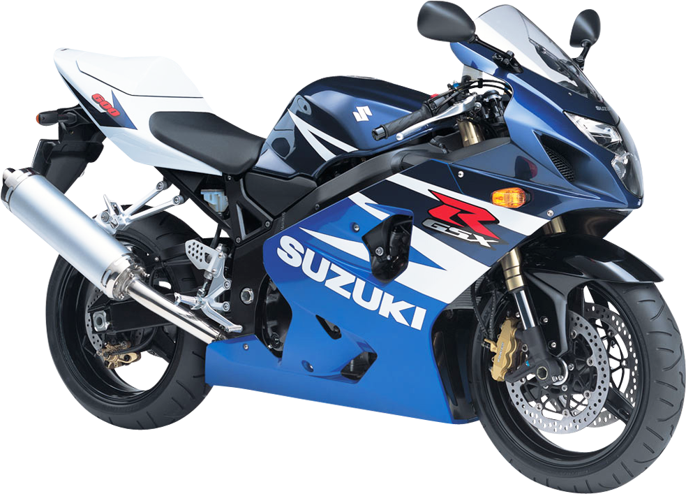 藍白鈴木GSX運動摩托車 壁紙 — 一輛時尚的藍白 Suzuki GSX-R 運動電單車，配備鍍鉻排氣管和金色制動卡鉗，在影樓燈光下展示。
