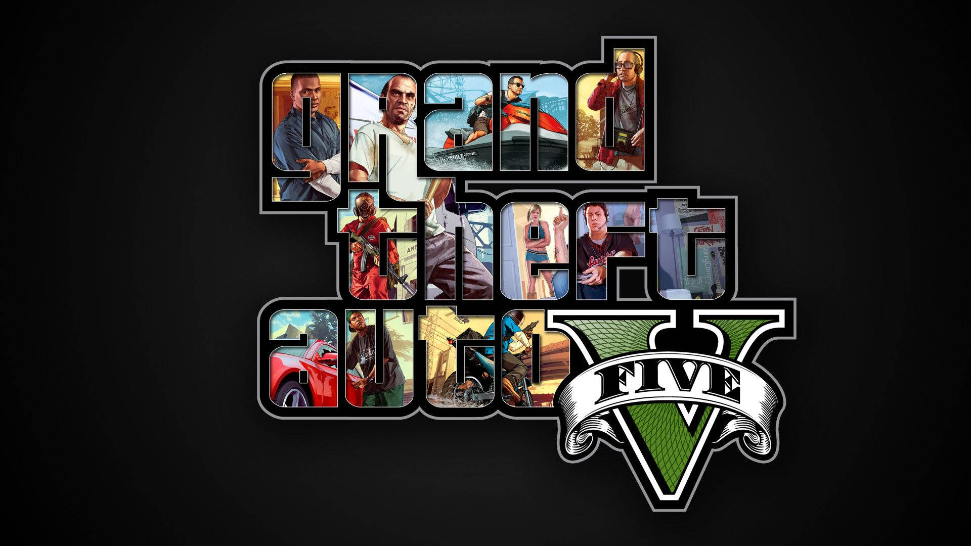 字母形狀中包含角色圖像的Grand Theft Auto V遊戲標誌。
