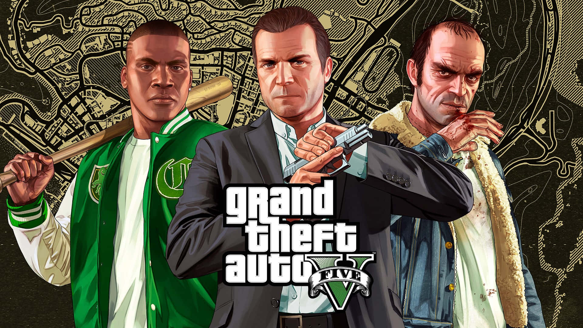 三個GTA V角色手持武器，背景為地圖。
