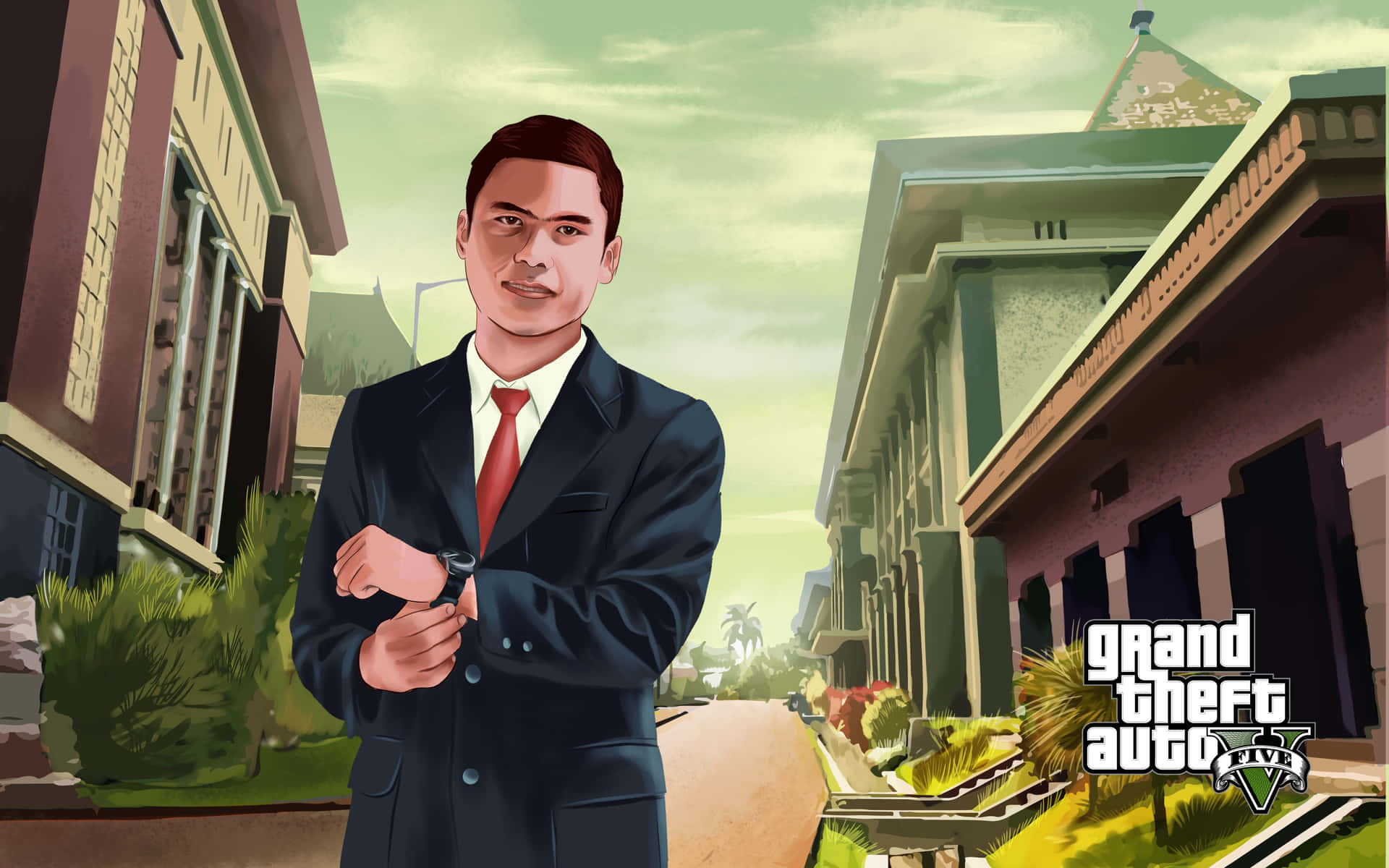 西裝男子在 GTA V 城市街道場景中查看手錶。