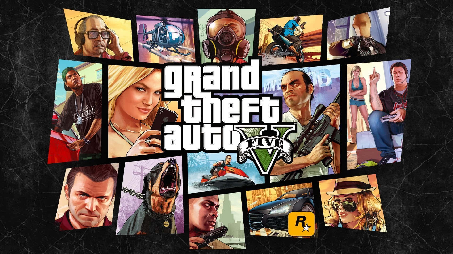 《Grand Theft Auto V》宣傳拼貼畫， featuring 主要角色和車輛。