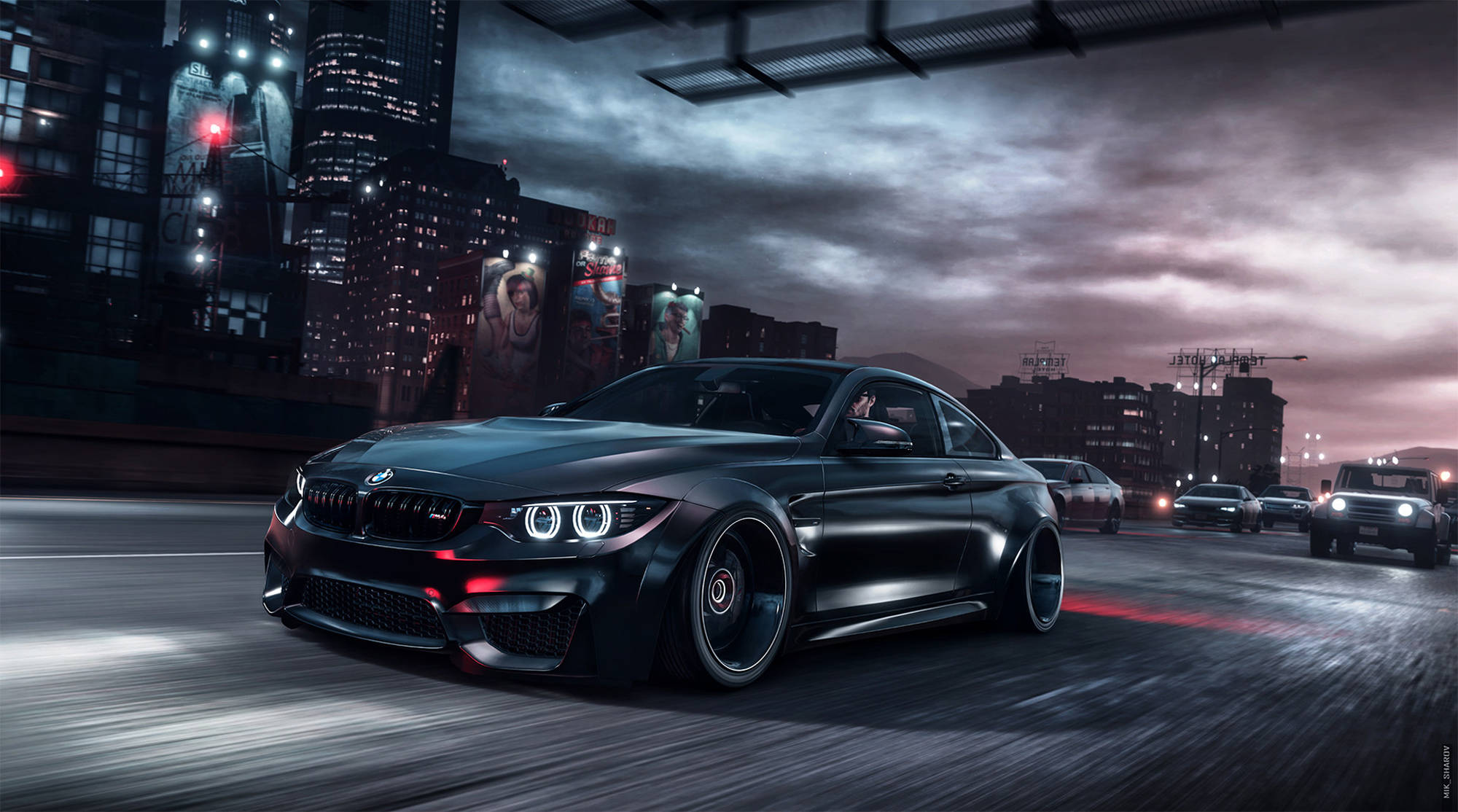 GTA 5 黑色BMW汽車 壁紙 — 一輛流線型黑色跑車在潮濕的都市街道上飛馳，背景是陰鬱的暮色天空和閃爍的城市燈光。