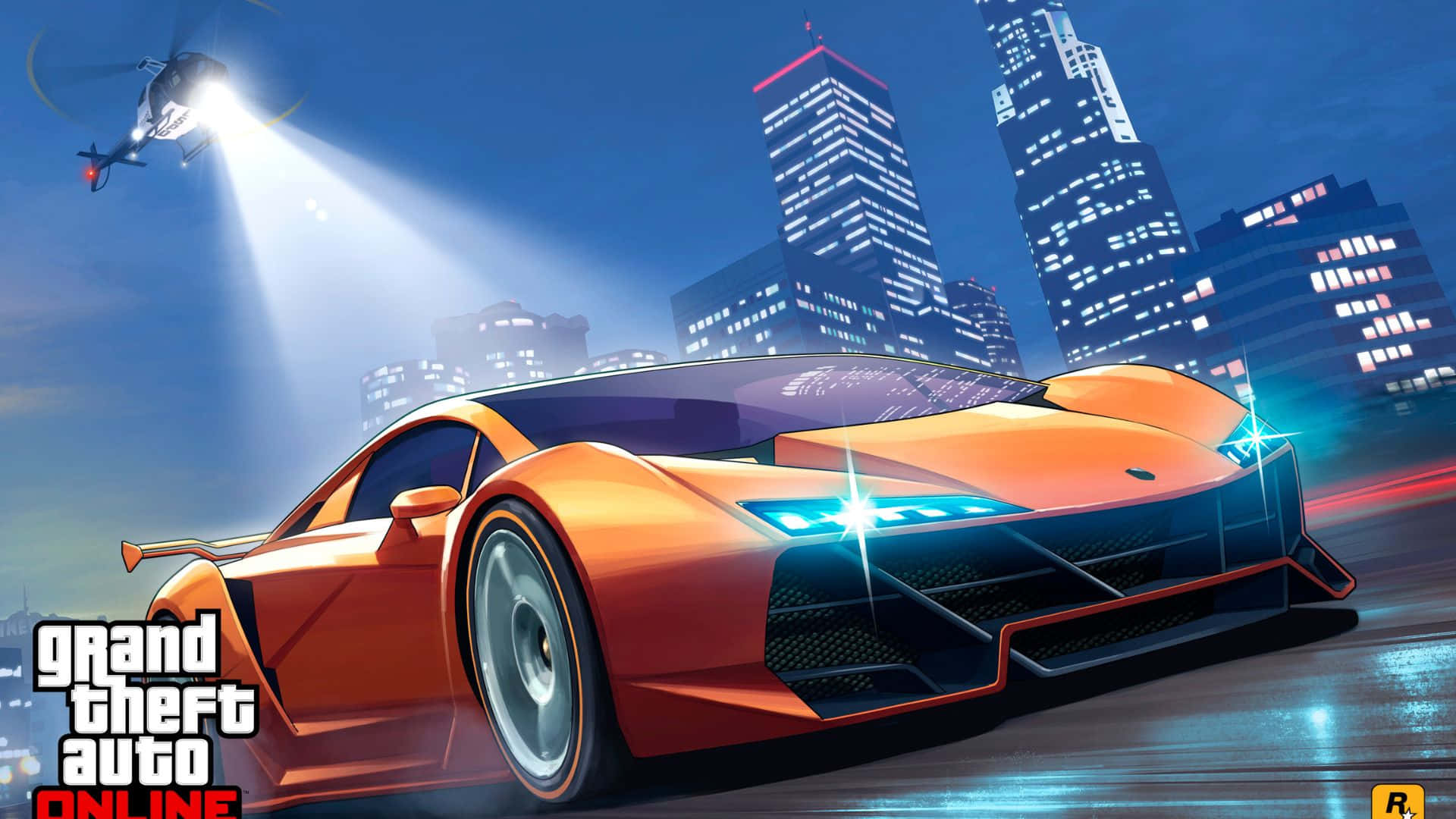 GTA 5 PC - 橙色跑車被直升機追擊 壁紙 — 一輛充滿活力的橙色跑車在夜晚穿過霓虹燈閃爍的城市景觀，頭頂有直升機探照燈。