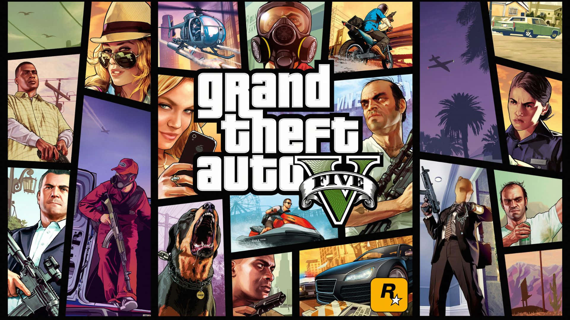 GTA 5 PC 遊戲 - 全角色集合壁紙 壁紙 — 一幅充滿活力的Grand Theft Auto V角色和場景拼貼畫，包含槍支、汽車、直升機和中央標誌。