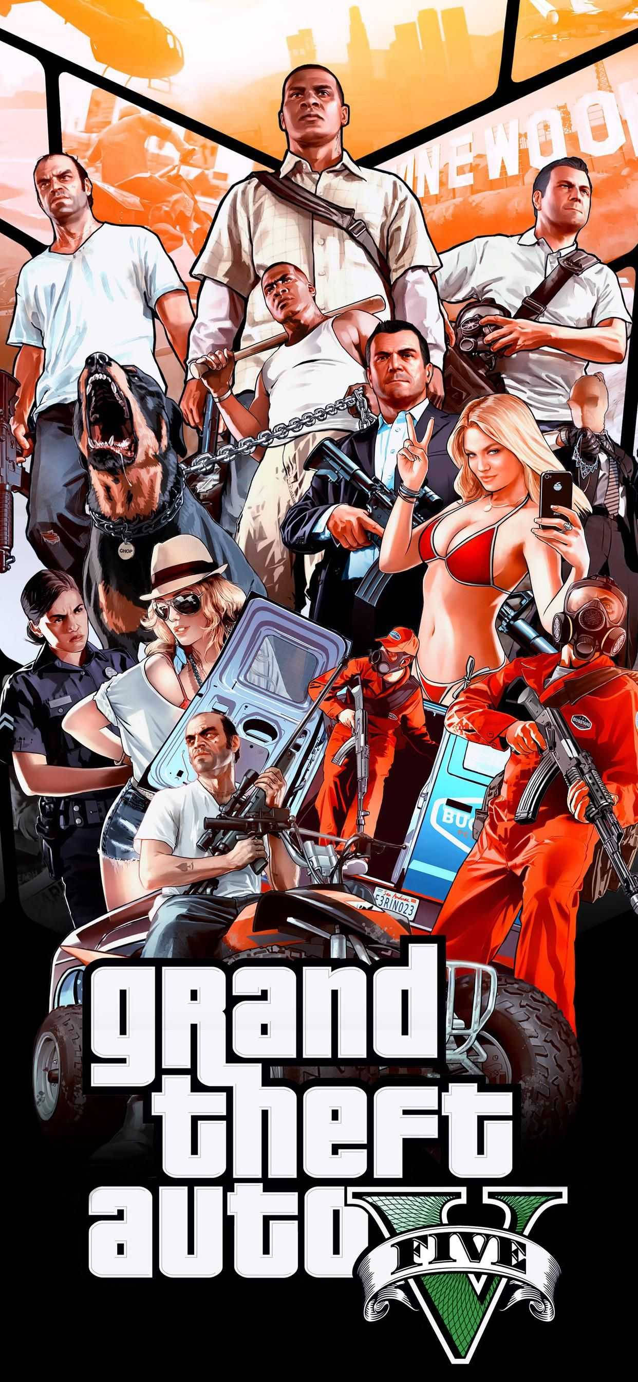 GTA 5 海報拼貼 壁紙 — 一張充滿活力的《俠盜獵車手V》電玩海報，以風格化的城市背景為襯托，呈現武裝角色與一隻狗的混亂拼貼。