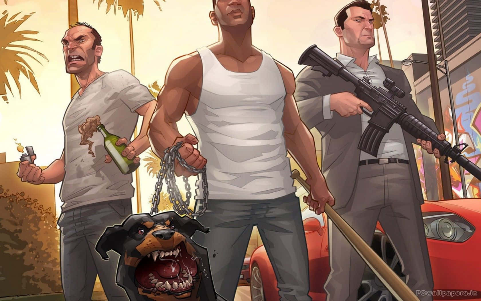 GTA 5 桌面槍犬 壁紙 — 三個帶住一隻咆哮狗嘅兇猛男人企喺陽光照耀嘅城市後巷，喺一架紅色車旁邊，揸住武器同鎖鏈。
