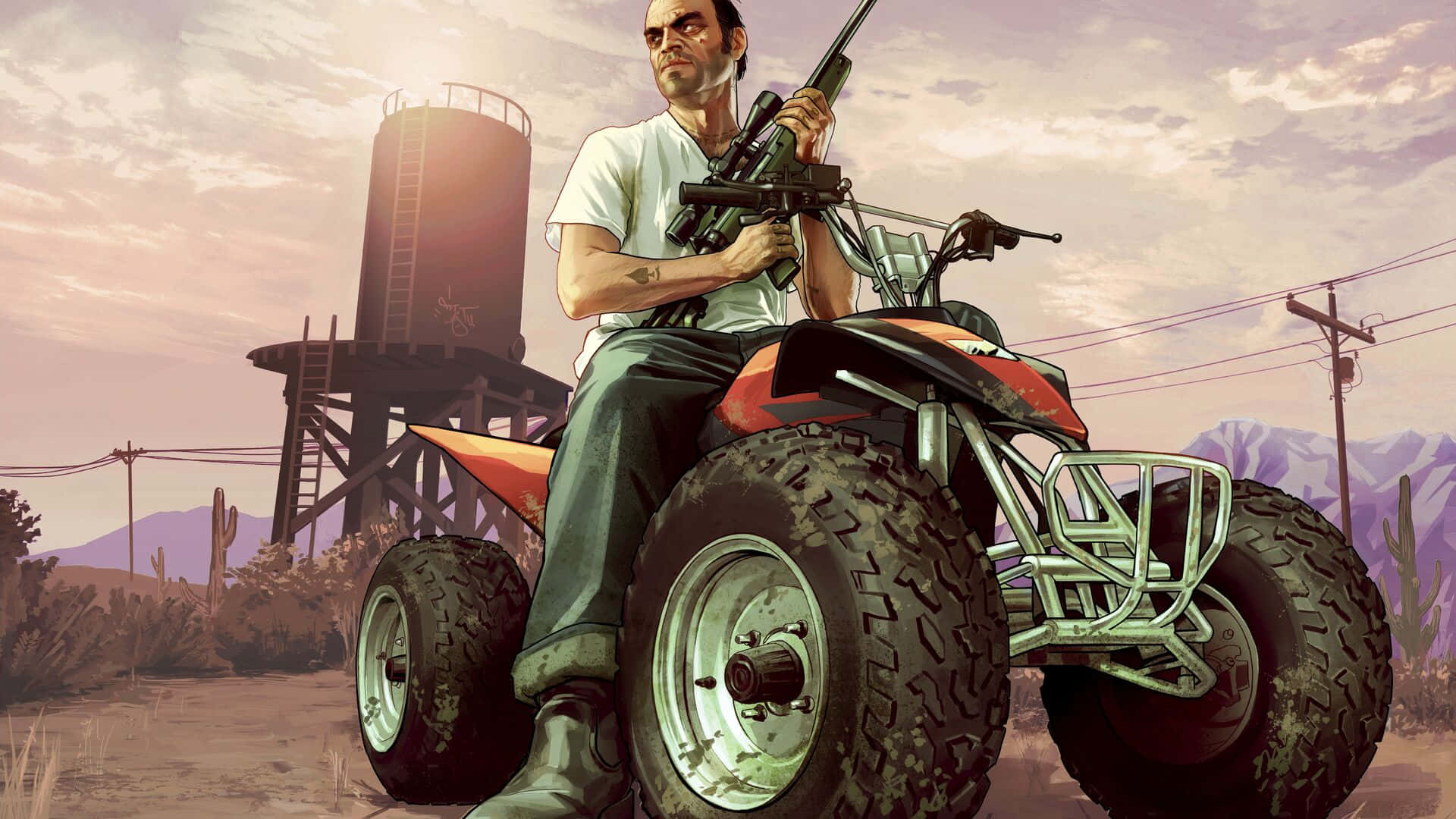 GTA 5 中特雷弗持槍駕駛ATV 壁紙 — 一個強壯的男人拿著步槍，坐在一輛紅黑相間的ATV上，身處塵土飛揚的沙漠景觀中，背景有儲水塔和山脈。