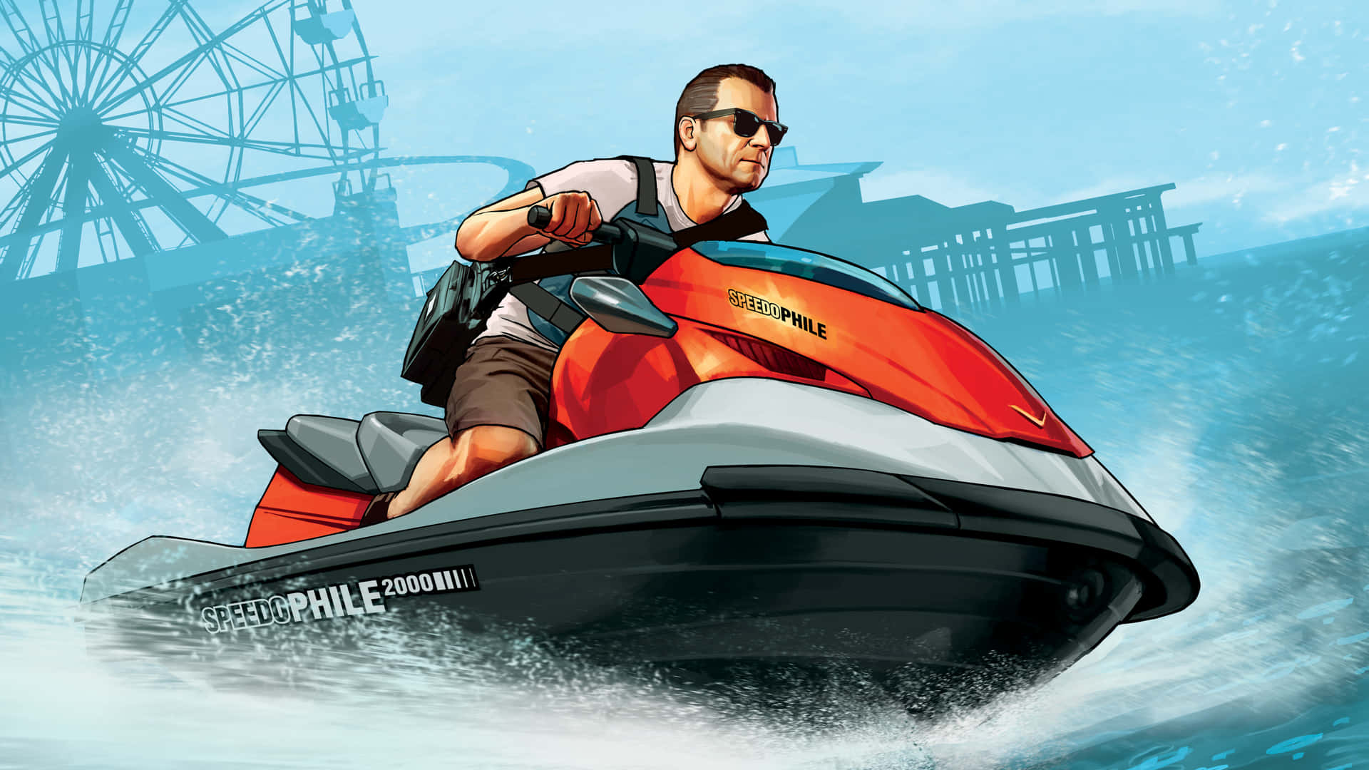 GTA 5 中男子駕駛摩托艇 壁紙 — 一名戴太陽眼鏡的男子在碧綠色的水上駕駛紅色水上電單車，背景有摩天輪和碼頭。
