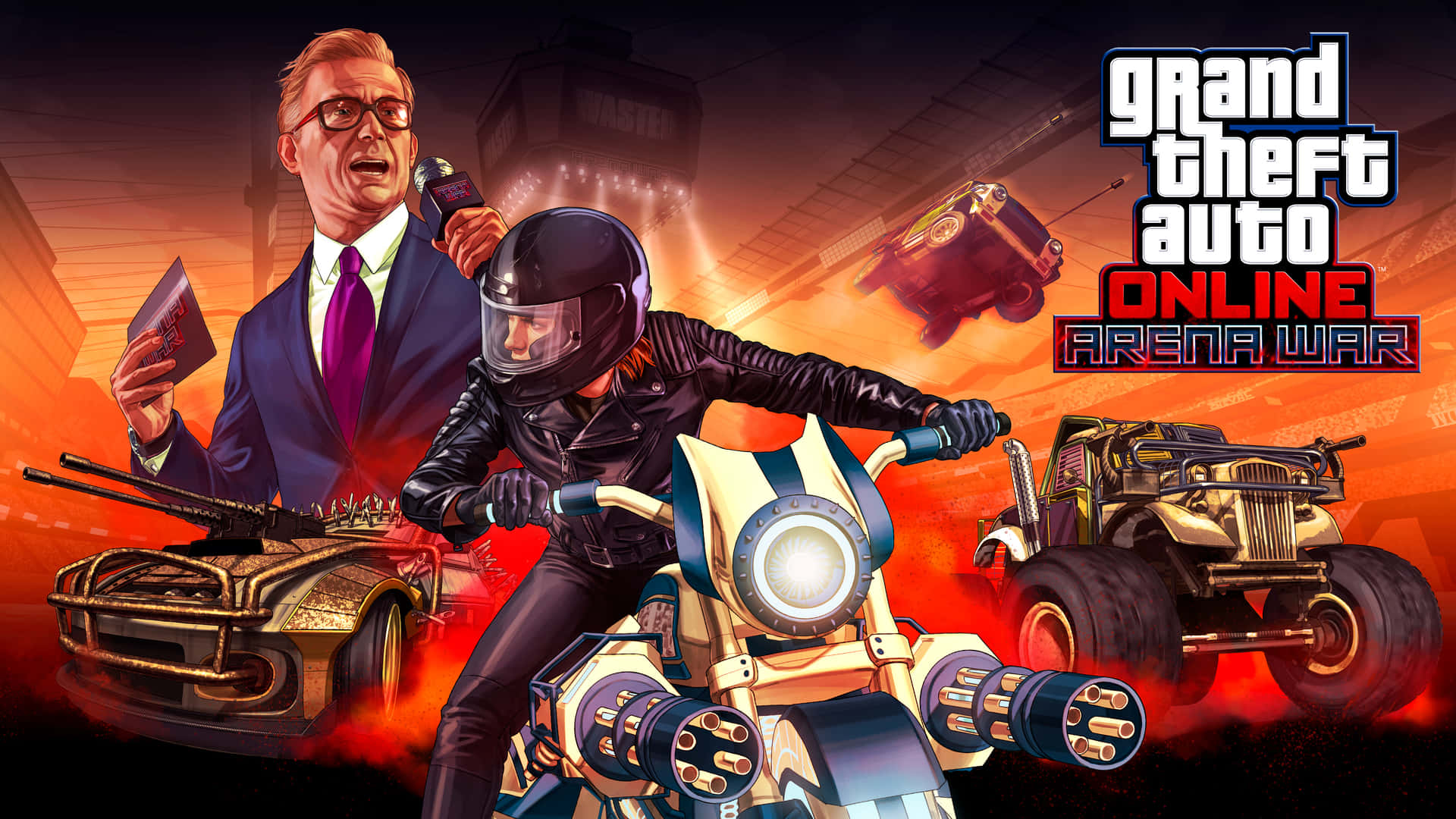 GTA Online Arena War宣傳藝術， featuring 一名電單車手和裝甲車在火熱的混亂中。
