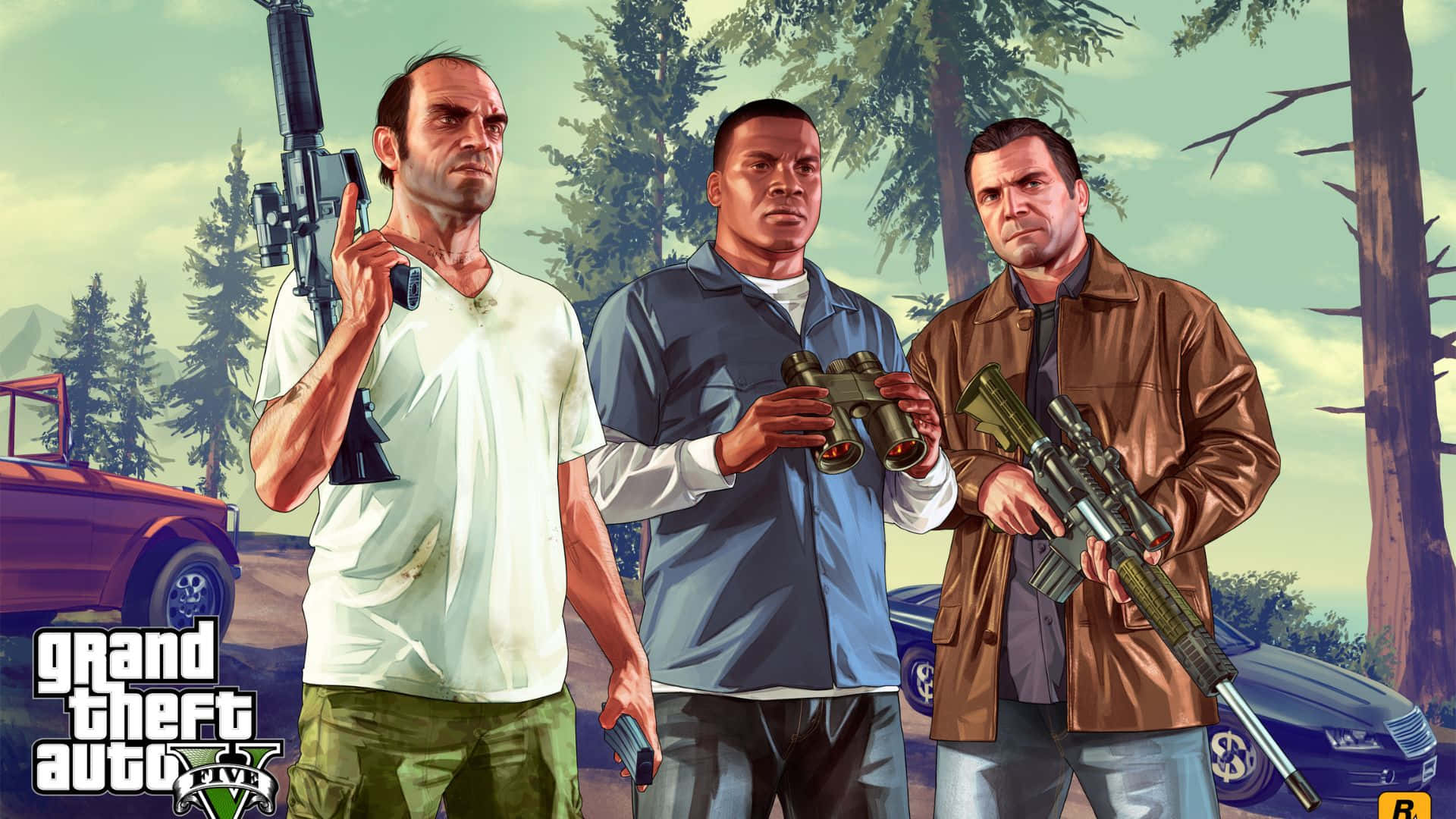 GTA 5 壁紙 - GTA 5 主角三人組持械並肩而立 壁紙 — 三名武裝男子站在森林地區，身後有汽車，這是一個風格化的電子遊戲場景。