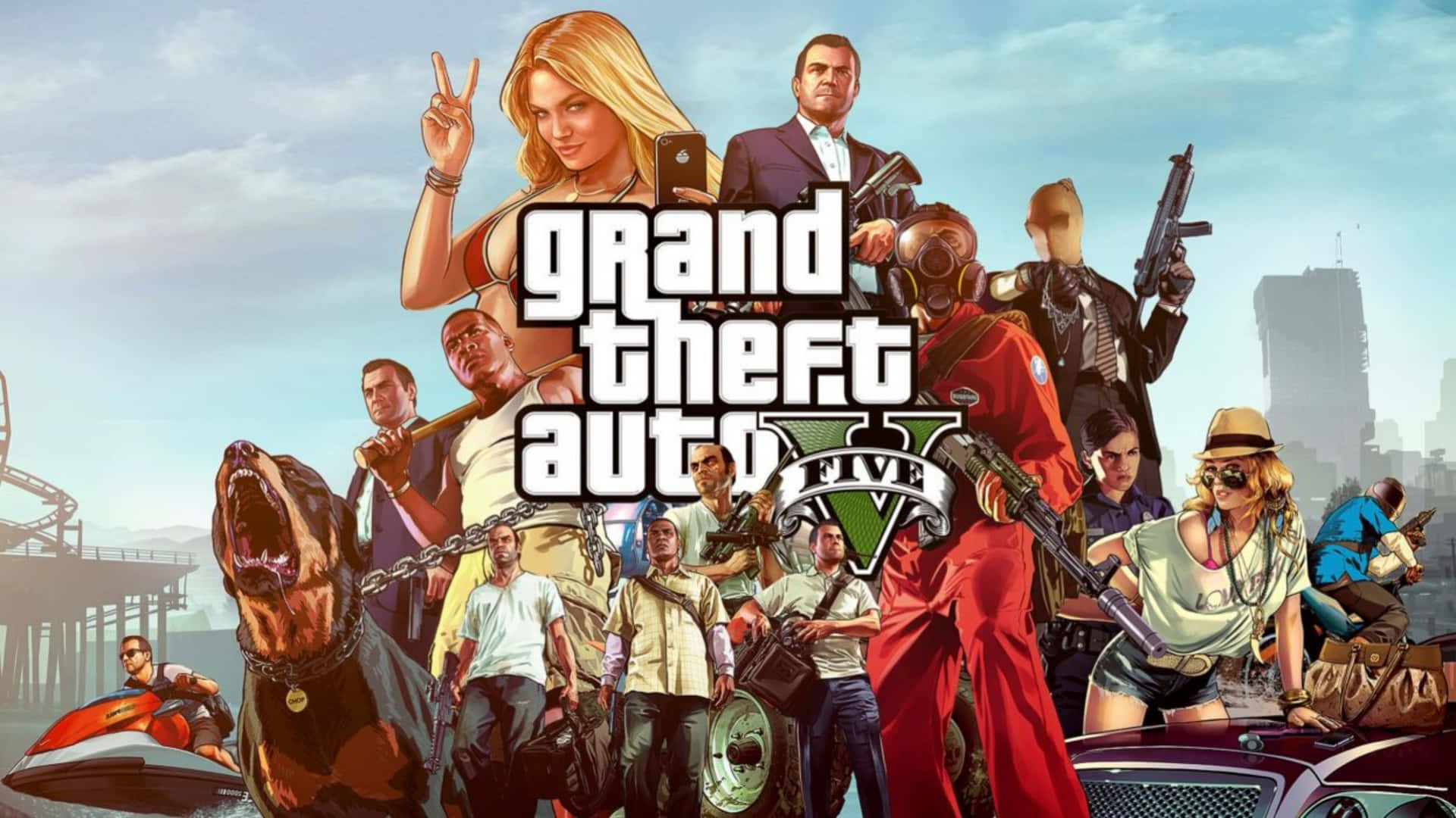 Grand Theft Auto V 遊戲封面，海岸城市中有主要角色和車輛。