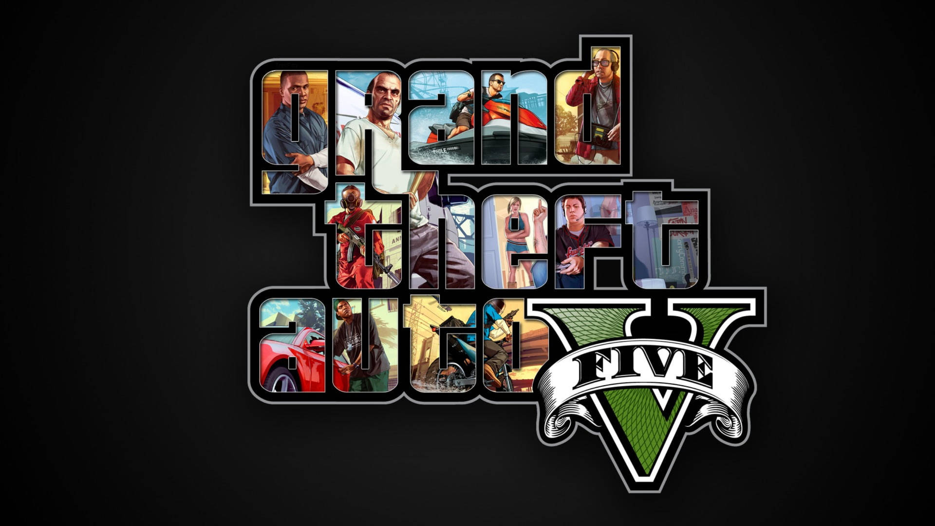 字母內含角色圖片的 Grand Theft Auto V 遊戲標誌。