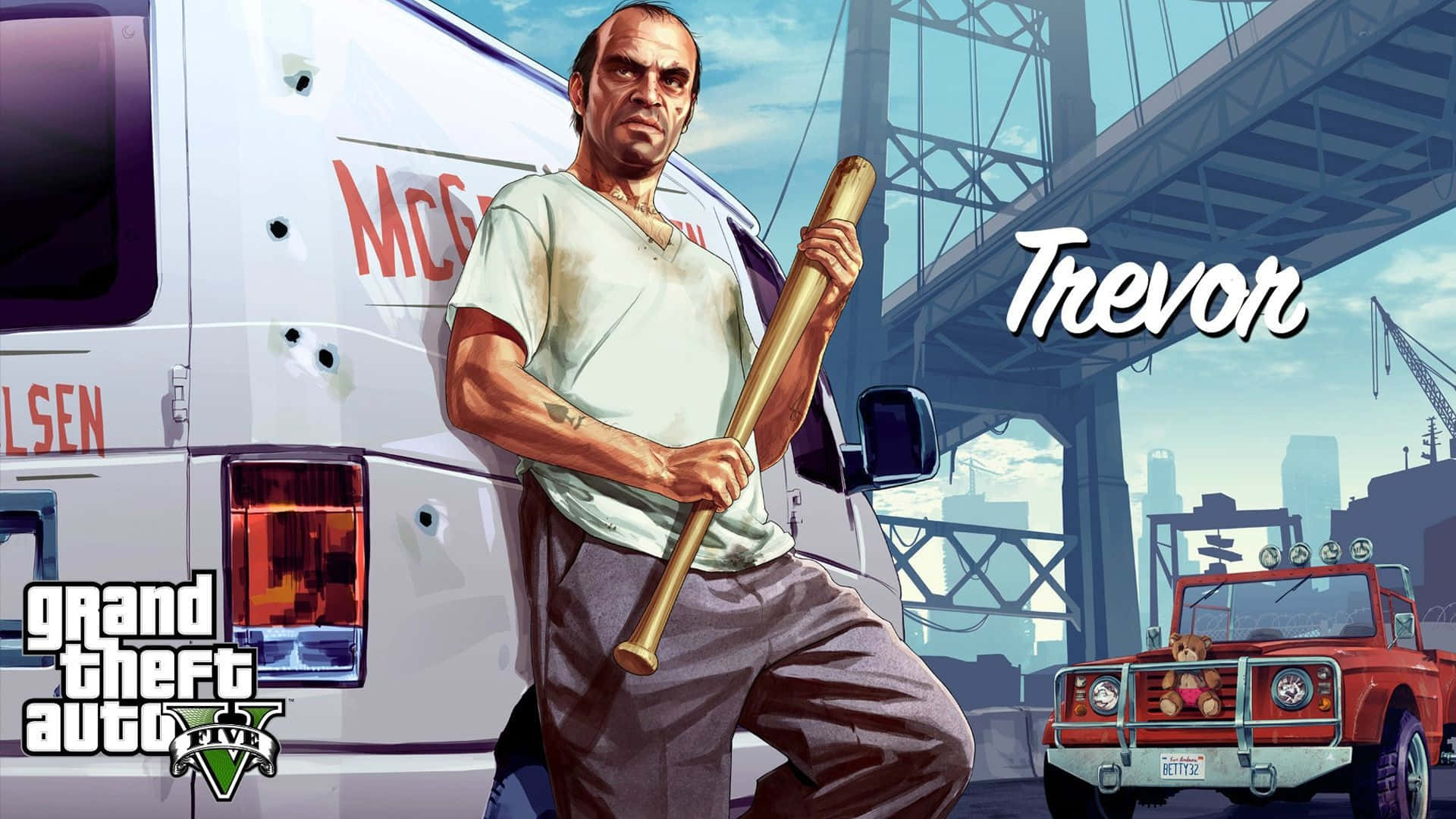 《GTA V》中的崔佛在橋下手持棒球棍站在貨車旁。