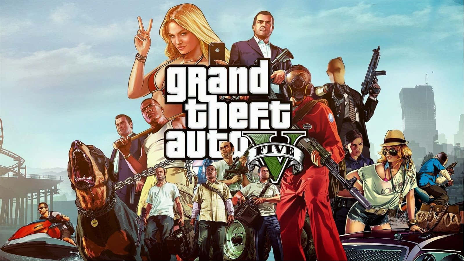 Grand Theft Auto V 遊戲封面，角色和車輛位於城市環境中。